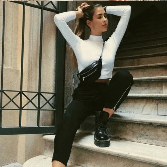 Fanny pack bag black PU 3 pocket leather women’s crossbody chain - Picture 8 of 11